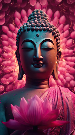 Serenity in Stone: A Buddha Statue Amidst Pink Lotus Flowersの素材