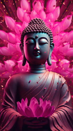 Serenity in Stone: A Buddha Statue Amidst Pink Lotus Flowersの素材