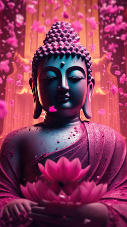 Serenity in Stone: A Buddha Statue Amidst Pink Lotus Flowersの素材