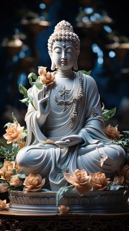Serene Contemplation: Ivory Buddha Statue Adorned with Lotus Flowersの素材