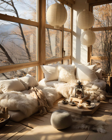 Autumn Serenity: A Cozy Living Room with a Viewの素材