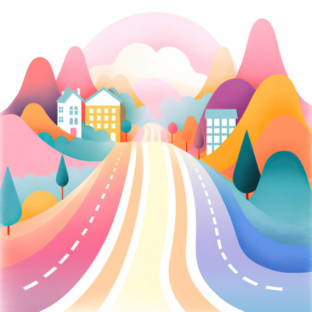 A Colorful Journey: Vibrant Cityscape with Pastel Huesの素材