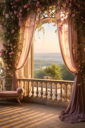 Serene Morning Overlook from a Flower-Adorned Balconyの素材