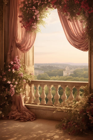 Serene Morning Overlook from a Flower-Adorned Balconyの素材