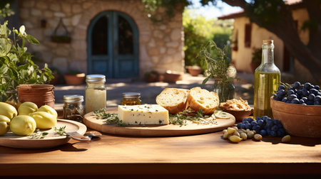 A Sunlit Feast of Fresh Produce and Artisanal Cheeseの素材