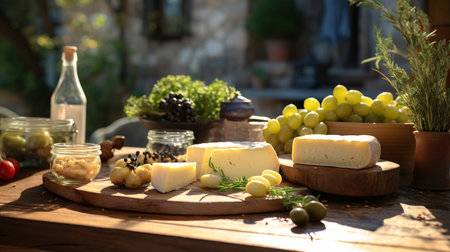 A Sunlit Feast of Fresh Produce and Artisanal Cheeseの素材