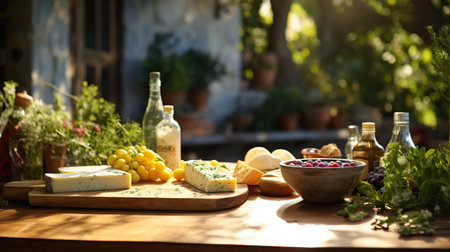 A Sunlit Feast of Fresh Produce and Artisanal Cheeseの素材