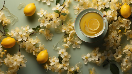 Spring Refreshment: Lemons Amidst Blossoming Flowersの素材