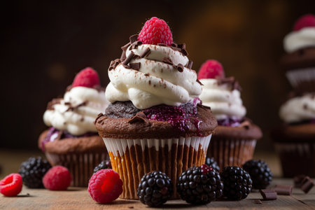 Decadent Raspberry Chocolate Cupcakes, Food Photography, Cake Dessert Food Photographyの素材