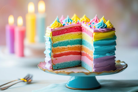 A Slice of Rainbow: Colorful Layered Cake Adorned with Candy Toppingsの素材