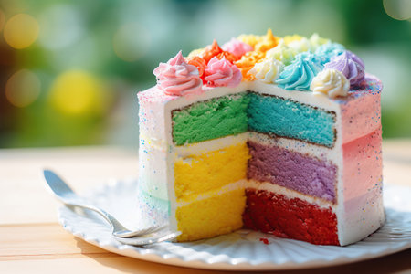 A Slice of Rainbow: Colorful Layered Cake Adorned with Candy Toppingsの素材