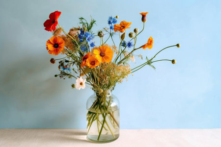 A Symphony of Blooms: Colorful Flowers in a Glass Vaseの素材