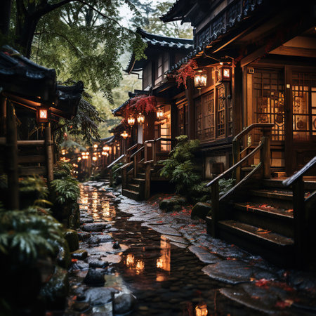 Rainy Evening in a Traditional Japanese Streetの素材