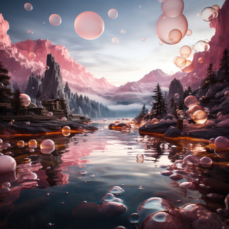 A Mystical Lake Surrounded by Pink Bubbles and Blossoms Under the Sunlit Skyの素材