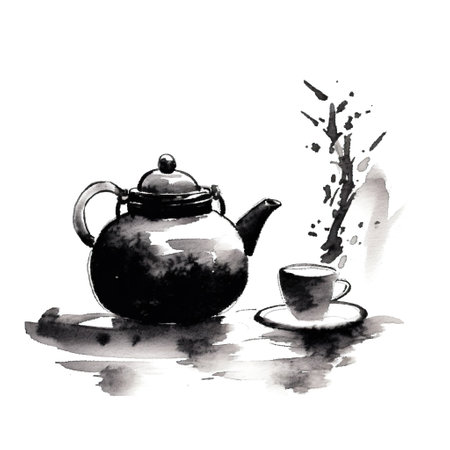 Traditional Chinese Black and White Ink Painting Teapot and Teacup Illustration Design, Monochrome Elegant: Teapot and Teacup Sceneの素材