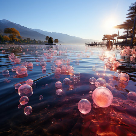 A Mystical Lake Surrounded by Pink Bubbles and Blossoms Under the Sunlit Skyの素材