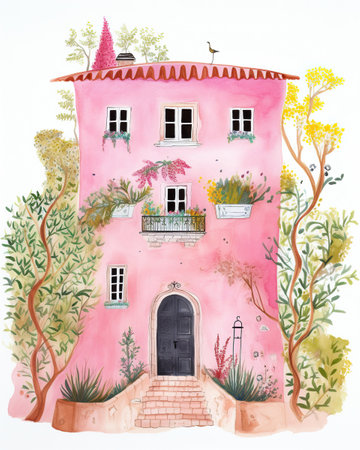 Peaceful Afternoon in a Country House, Pink Country House Watercolor Illustrationの素材