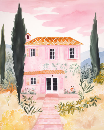 Peaceful Afternoon in a Country House, Pink Country House Watercolor Illustrationの素材