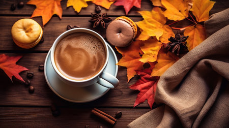 Autumn Ambiance, Maple Leaves With Coffee On Wooden Table Atmosphere Photography Backgroundの素材
