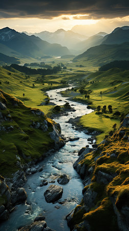 A Serene Valley: The Dance of Light and Shadow over Lush Greenery and Winding Riverの素材