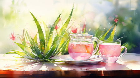 Sunlit Herbal Tea Amidst Blooming Air Plantsの素材