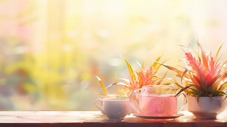 Sunlit Herbal Tea Amidst Blooming Air Plantsの素材