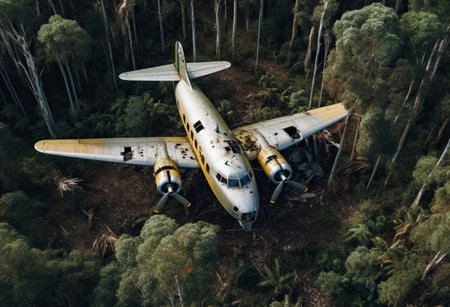 Abandoned in Nature: A Forgotten Plane Amidst the Forestの素材