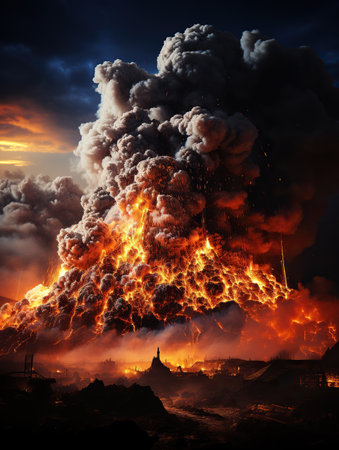 Fiery Summit: A Majestic Mountain Ablaze at Duskの素材