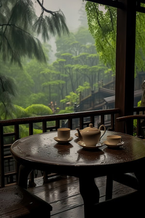 Serene Harmony: A Rainy Day Tea Time in Natureの素材