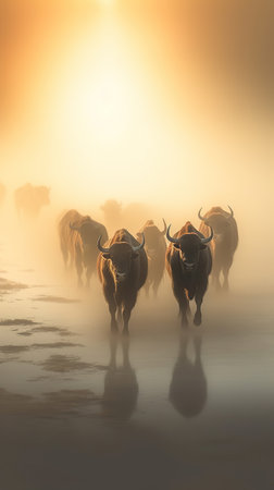 Serene Dawn: Cattle Herd in the Misty Sunriseの素材