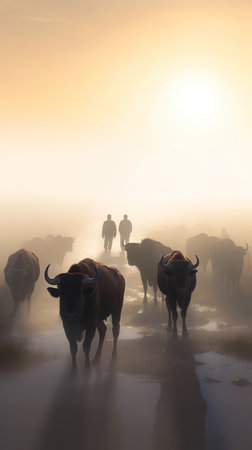 Serene Dawn: Cattle Herd in the Misty Sunriseの素材