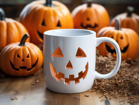 White Mug on a Wooden Table with Halloween Decor in the Backgroundの素材