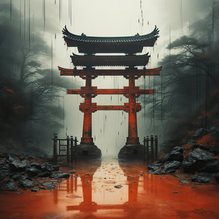 Mystical Passage: Red Torii Gate in a Foggy Forestの素材