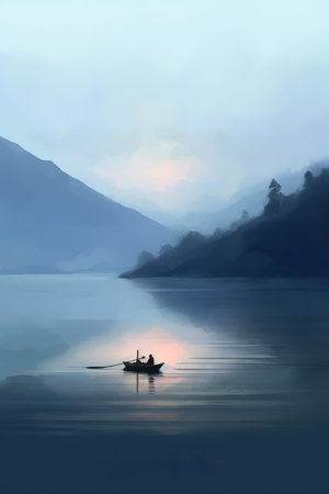 Misty Mountain Morning: A Peaceful Landscape Illustrationの素材