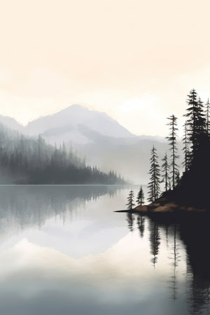 Misty Mountain Morning: A Peaceful Landscape Illustrationの素材