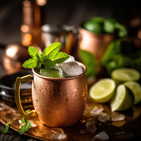 Refreshing Summer Moscow Mule Cocktails in Copper Mugs on a Rustic Wooden Trayの素材