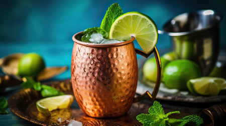 Refreshing Summer Moscow Mule Cocktails in Copper Mugs on a Rustic Wooden Trayの素材