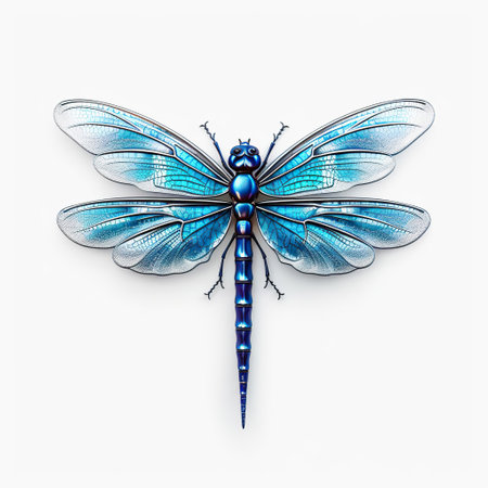 Detailed Close-Up of a Vibrant Blue Dragonfly on a White Backgroundの素材