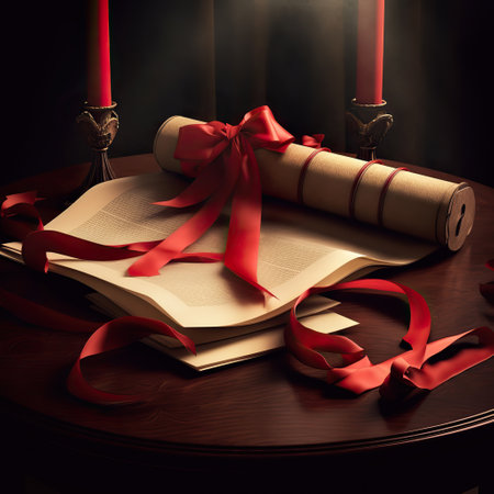 Diploma and Leather-Bound Books on a Wooden Desk in a Libraryの素材