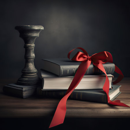 Diploma and Leather-Bound Books on a Wooden Desk in a Libraryの素材