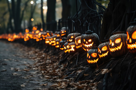 Halloween Pumpkins Illuminating a Path in the Autumn Woodsの素材