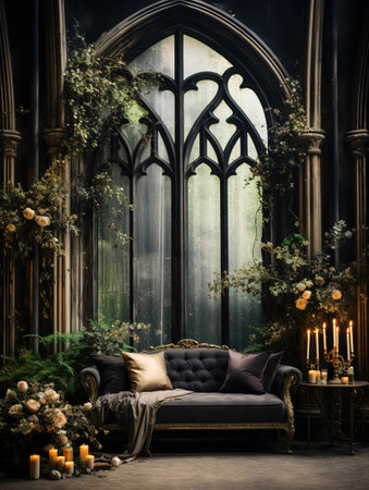 Gothic Living Room with Black Walls and Lush Greeneryの素材