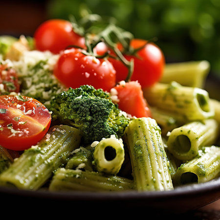 Italian Delight: Pesto Pasta with Cherry Tomatoes and Broccoli on a Dark Plateの素材