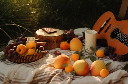 Idyllic Picnic Scene with Guitar and Fresh Fruitの素材