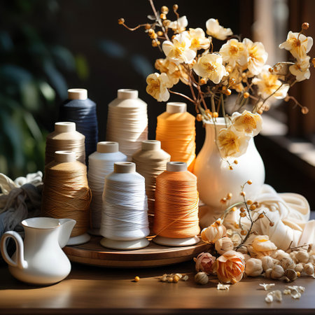 Crafting Elegance: Still Life of Thread Spools and White Rosesの素材