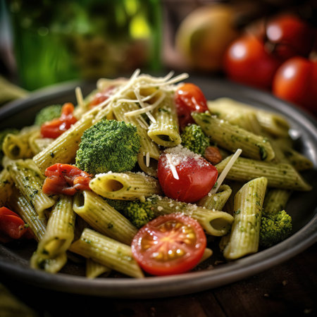 Italian Delight: Pesto Pasta with Cherry Tomatoes and Broccoli on a Dark Plate