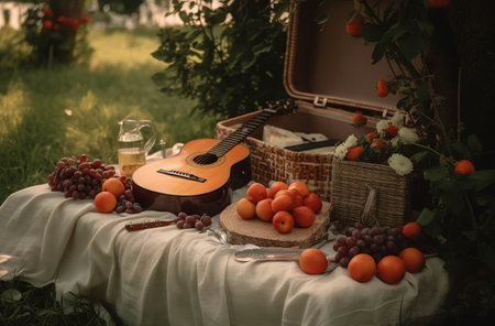 Idyllic Picnic Scene with Guitar and Fresh Fruitの素材