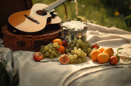 Idyllic Picnic Scene with Guitar and Fresh Fruitの素材