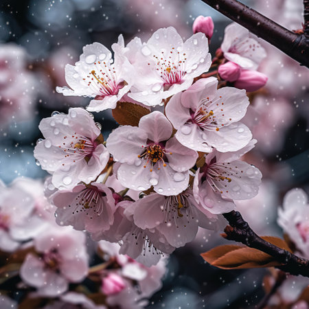 Close-up of Cherry Blossoms Covered in Snowの素材