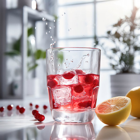 Sunlit Elegance: Pouring Red Wine into a Glass with Ice Cubesの素材